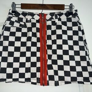 Checkered Black and White Skirt with Red Accent